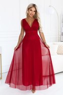687-2 Elegancka sukienka maxi z kopertowym dekoltem i odkrytymi plecami - jasne bordo Numoco basic
