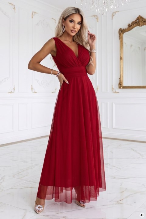 687-2 Elegancka sukienka maxi z kopertowym dekoltem i odkrytymi plecami - jasne bordo Numoco basic