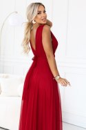 687-2 Elegancka sukienka maxi z kopertowym dekoltem i odkrytymi plecami - jasne bordo Numoco basic