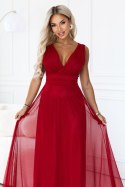 687-2 Elegancka sukienka maxi z kopertowym dekoltem i odkrytymi plecami - jasne bordo Numoco basic