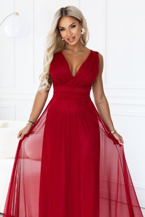 687-2 Elegancka sukienka maxi z kopertowym dekoltem i odkrytymi plecami - jasne bordo Numoco basic