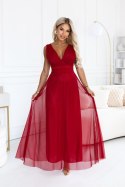 687-2 Elegancka sukienka maxi z kopertowym dekoltem i odkrytymi plecami - jasne bordo Numoco basic