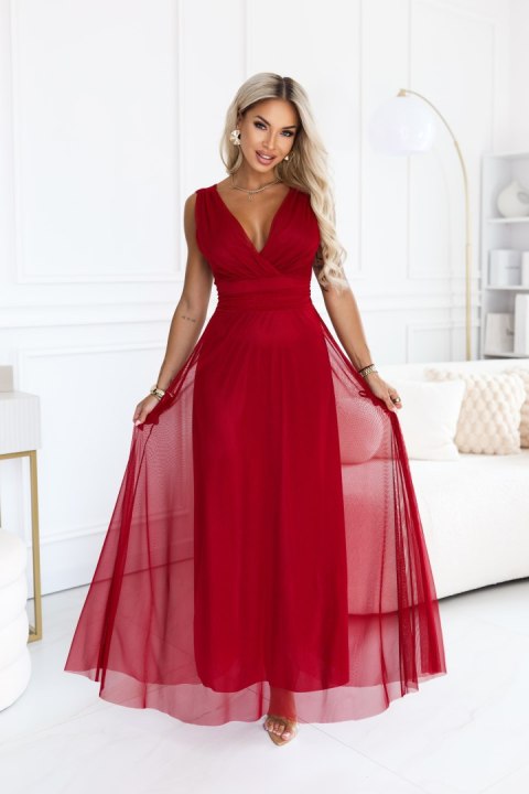 687-2 Elegancka sukienka maxi z kopertowym dekoltem i odkrytymi plecami - jasne bordo Numoco basic