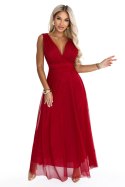687-2 Elegancka sukienka maxi z kopertowym dekoltem i odkrytymi plecami - jasne bordo Numoco basic
