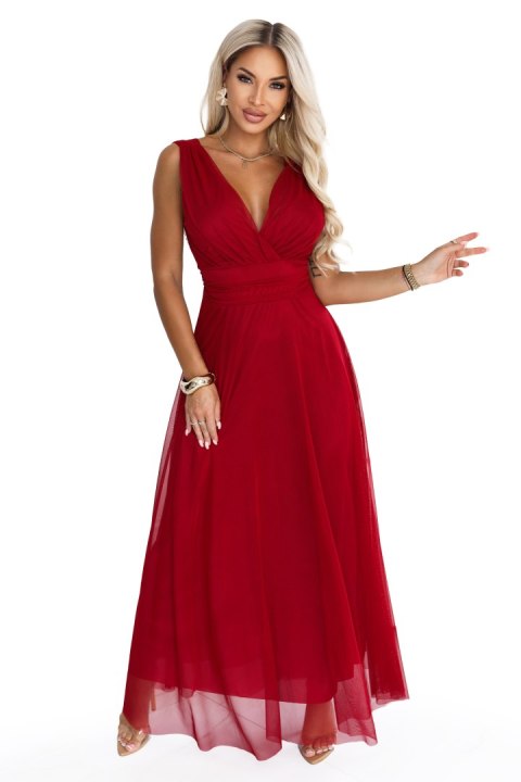 687-2 Elegancka sukienka maxi z kopertowym dekoltem i odkrytymi plecami - jasne bordo Numoco basic