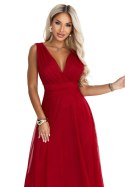 687-2 Elegancka sukienka maxi z kopertowym dekoltem i odkrytymi plecami - jasne bordo Numoco basic