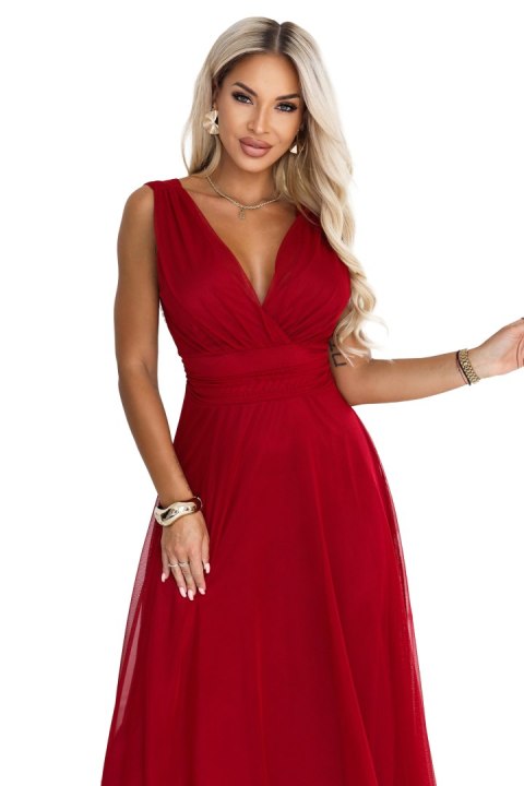 687-2 Elegancka sukienka maxi z kopertowym dekoltem i odkrytymi plecami - jasne bordo Numoco basic