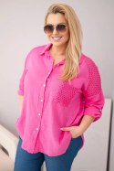Koszula damska bawełniana Plus Size z kołnierzykiem i koronkową wstawką różowa