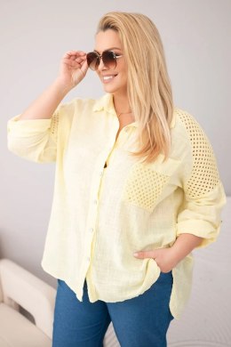 Koszula damska bawełniana Plus Size z kołnierzykiem i koronkową wstawką żółta