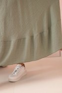 Sukienka damska plus size z krótkim rękawem i falbaną z lekkiej wiskozy khaki