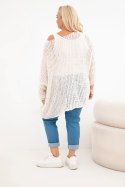 Sweter damski ażurowy oversize z dekoltem V i dłuższym tyłem beżowy