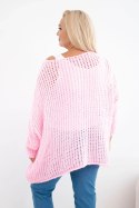 Sweter damski ażurowy oversize z dekoltem V i dłuższym tyłem cukierkowy róż