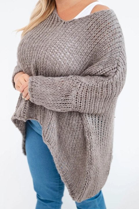 Sweter damski ażurowy oversize z dekoltem V i dłuższym tyłem fango