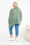 Sweter damski ażurowy oversize z dekoltem V i dłuższym tyłem khaki
