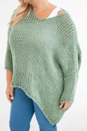 Sweter damski ażurowy oversize z dekoltem V i dłuższym tyłem khaki
