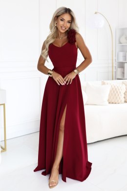 643-9 Elegancka wieczorowa suknia maxi z rozcięciem i różami - bordowa Numoco