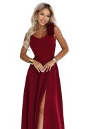 643-9 Elegancka wieczorowa suknia maxi z rozcięciem i różami - bordowa Numoco