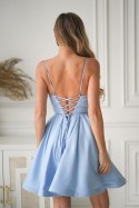 Brokatowa Sukienka Mini Z Gorsetowym Wiązaniem W Błękitnym Kolorze 340-08 - Baby blue