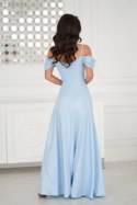 Elegancka Błękitna Sukienka Z Drapowaniem, Rozcięciem I Błyszczącą Tkaniną 330-08 - Baby blue