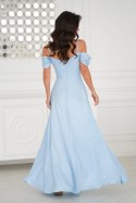 Elegancka Błękitna Sukienka Z Drapowaniem, Rozcięciem I Błyszczącą Tkaniną 330-08 - Baby blue