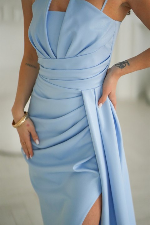 Elegancka Błękitna Sukienka Z Geometrycznym Dekoltem I Odpinanymi Ramiączkami 342-08 - Baby blue