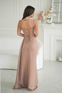 Elegancka Camelowa Sukienka Z Geometrycznym Dekoltem I Odpinanymi Ramiączkami 342-22 - CAMEL