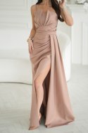 Elegancka Camelowa Sukienka Z Geometrycznym Dekoltem I Odpinanymi Ramiączkami 342-22 - CAMEL