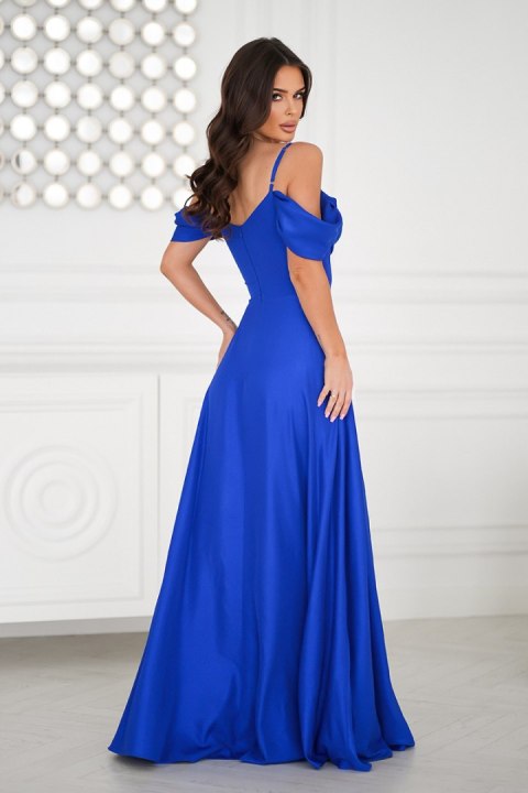 Elegancka Chabrowa Sukienka Z Drapowaniem, Rozcięciem I Błyszczącą Tkaniną 330-05 - chabrowy