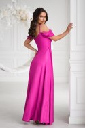 Elegancka Fuksjowa Sukienka Z Drapowaniem, Rozcięciem I Błyszczącą Tkaniną 330-07 - fuksja
