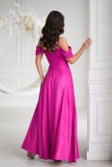 Elegancka Fuksjowa Sukienka Z Drapowaniem, Rozcięciem I Błyszczącą Tkaniną 330-07 - fuksja