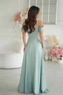 Elegancka Mietowa Sukienka Z Drapowaniem, Rozcięciem I Błyszczącą Tkaniną 330-03 - miętowy