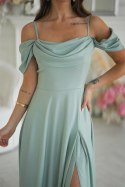 Elegancka Mietowa Sukienka Z Drapowaniem, Rozcięciem I Błyszczącą Tkaniną 330-03 - miętowy