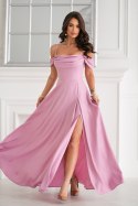 Elegancka Różowa Sukienka Z Drapowaniem, Rozcięciem I Błyszczącą Tkaniną 330-20 - brudny róż