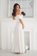 Elegancka Sukienka Ecru Z Drapowaniem, Rozcięciem I Błyszczącą Tkaniną 330-04 - Ecru
