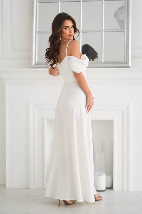 Elegancka Sukienka Ecru Z Drapowaniem, Rozcięciem I Błyszczącą Tkaniną 330-04 - Ecru