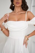 Elegancka Sukienka Ecru Z Drapowaniem, Rozcięciem I Błyszczącą Tkaniną 330-04 - Ecru