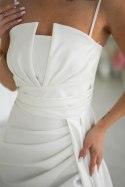 Elegancka Sukienka Ecru Z Geometrycznym Dekoltem I Odpinanymi Ramiączkami 342-04 - Ecru