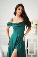 Elegancka Zielona Sukienka Z Drapowaniem, Rozcięciem I Błyszczącą Tkaniną 330-13 - butelkowy