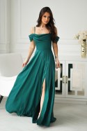Elegancka Zielona Sukienka Z Drapowaniem, Rozcięciem I Błyszczącą Tkaniną 330-13 - butelkowy
