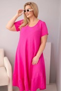 Sukienka damska plus size z krótkim rękawem i falbaną z lekkiej wiskozy fuksja