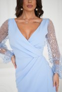 Błękitna Sukienka Z Dwoma Cekinowymi Rękawami 324-08 - Baby blue
