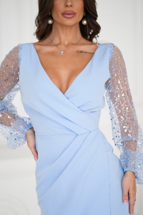 Błękitna Sukienka Z Dwoma Cekinowymi Rękawami 324-08 - Baby blue