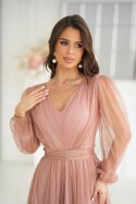 Camelowa Sukienka Midi Z Brokatową Siatką 269-28 - nude