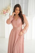 Camelowa Sukienka Midi Z Brokatową Siatką 269-28 - nude