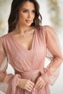 Camelowa Sukienka Midi Z Brokatową Siatką 269-28 - nude