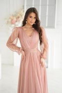 Camelowa Sukienka Midi Z Brokatową Siatką 269-28 - nude