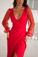 Czerwona Sukienka Midi Z Dwoma Cekinowymi Rękawami 316-02 - czerwony