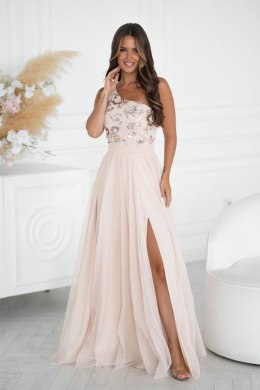 Elegancka Beżowa Sukienka Z Haftem I Zwiewnym Tiulem 332-21 - beżowy