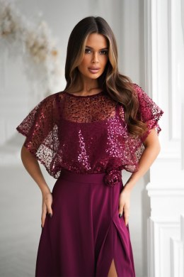 Elegancka Bordowa Sukienka Na Ramiączkach Z Cekinowym Bolerkiem 333-10 - bordowy