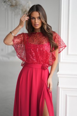 Elegancka Czerwona Sukienka Na Ramiączkach Z Cekinowym Bolerkiem 333-02 - czerwony